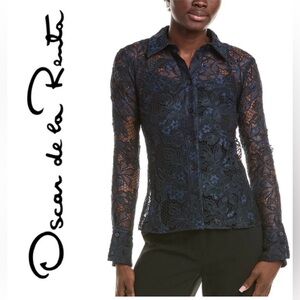Oscar de la Renta Midnight Blue Lace Silk Blouse